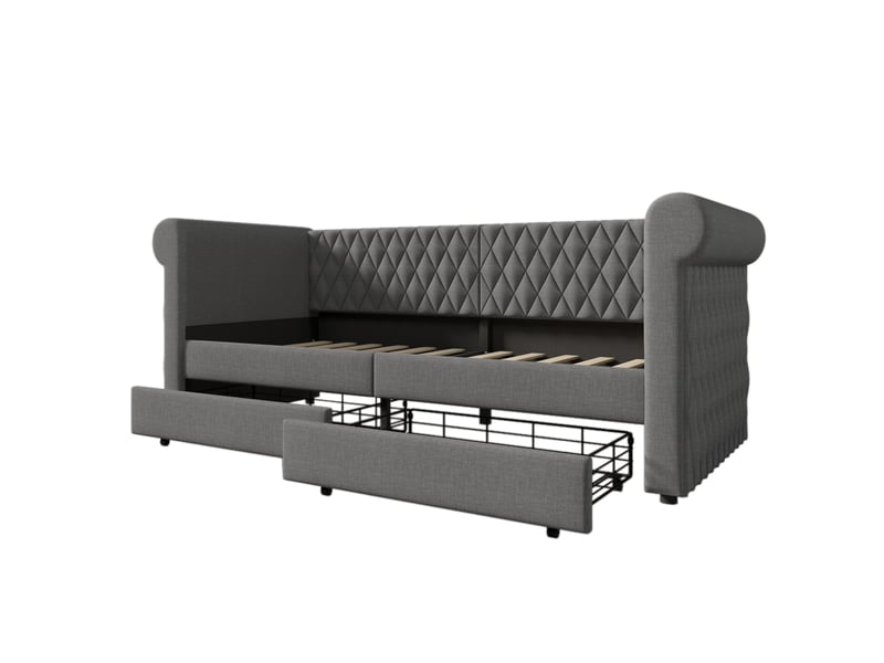  Lit jeune 90x200 cm motif losange avec 2 tiroirs, lin et métal, gris, sans matelas  - Conforama E