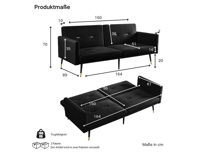  Canapé convertible 2 places 164x89x70 cm dossier inclinable 5 positions, velours, pieds métal, noir  - Conforama C