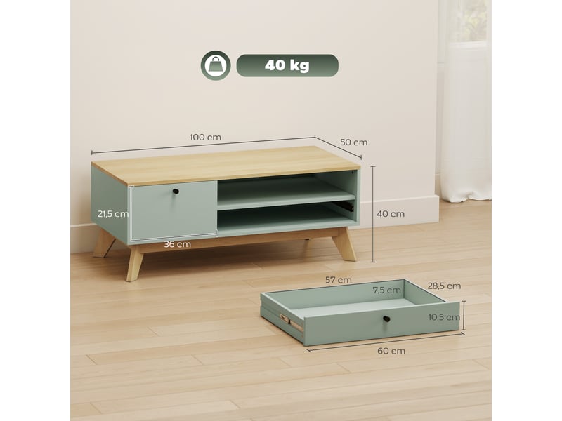  Table basse de salon, table d'appoint rectangulaire avec tiroir, vert clair et chêne, porte et compartiment ouvert  - Conforama C
