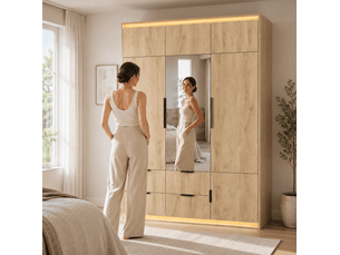 Armoire 3 portes 135 x 47 x 200 cm – bois clair – miroir, éclairage led, 4 tiroirs et 1 penderie