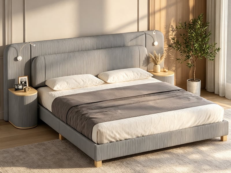  Lit double 180 × 200 cm, grand tête de lit rembourrée en velours côtelé, avec lampes de chevet et deux tables de chevet, couleur gris  - Conforama B