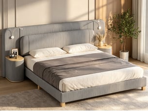 Lit double 180 × 200 cm, grand tête de lit rembourrée en velours côtelé, avec lampes de chevet et deux tables de chevet, couleur gris