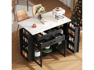 Desserte de cuisine pliable avec 2 portes vitrées, 2 tiroirs et étagères réglables pour cuisine et salle à manger