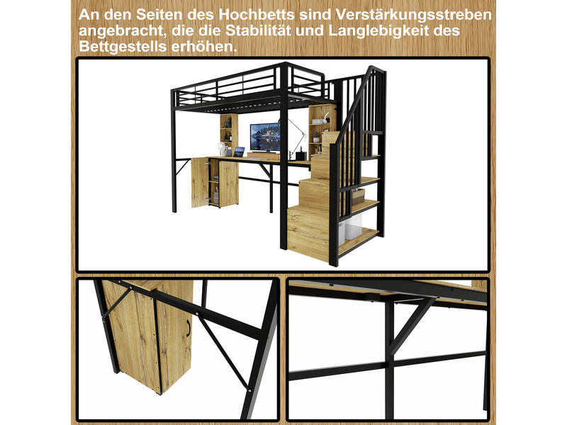 Lit mezzanine en métal noir 90×200 cm, bureau, escalier de rangement, placard et port usb intégré, à assembler - Conforama D