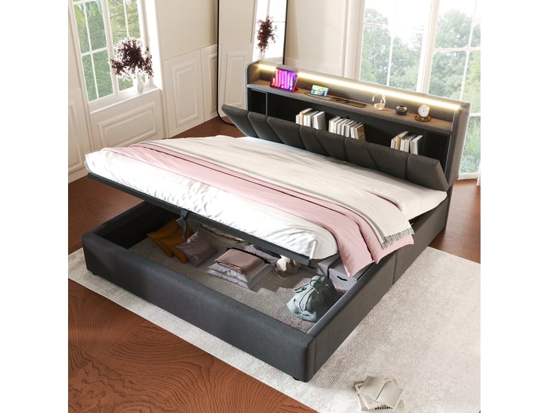  Lit coffre double 140 x 190 cm gris avec tête de lit de rangement, led et prises  - Conforama D