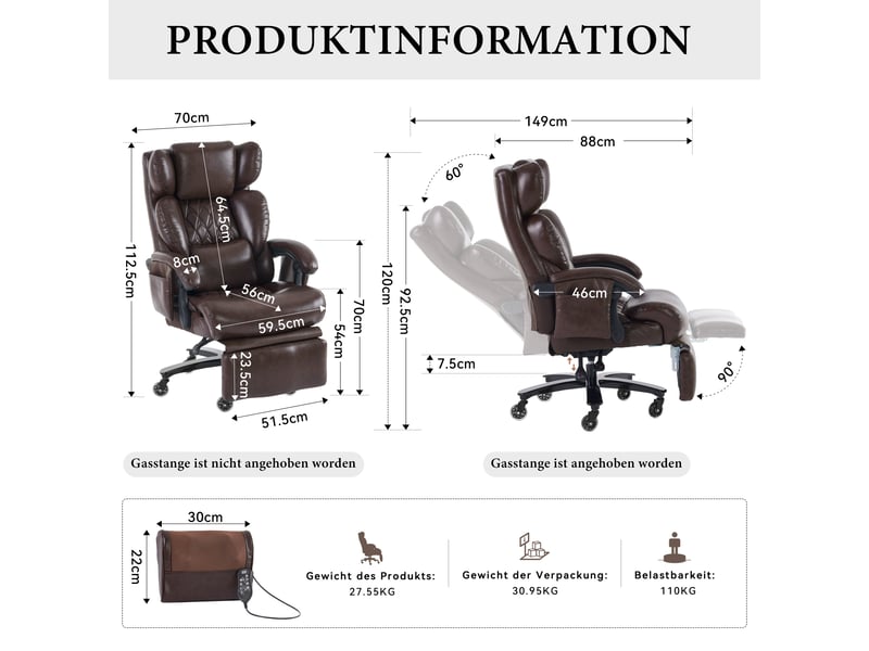 Chaise de bureau massante chauffante avec repose-pieds, dossier inclinable et poches latérales en cuir pu marron - Conforama D