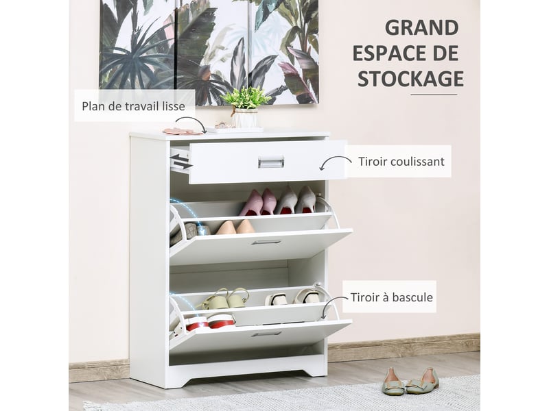  Meuble à chaussures avec 2 tiroirs rabattables étagère réglable + 1 tiroir jusqu'à 16 paires 70l x 29l x 92h blanc  - Conforama E