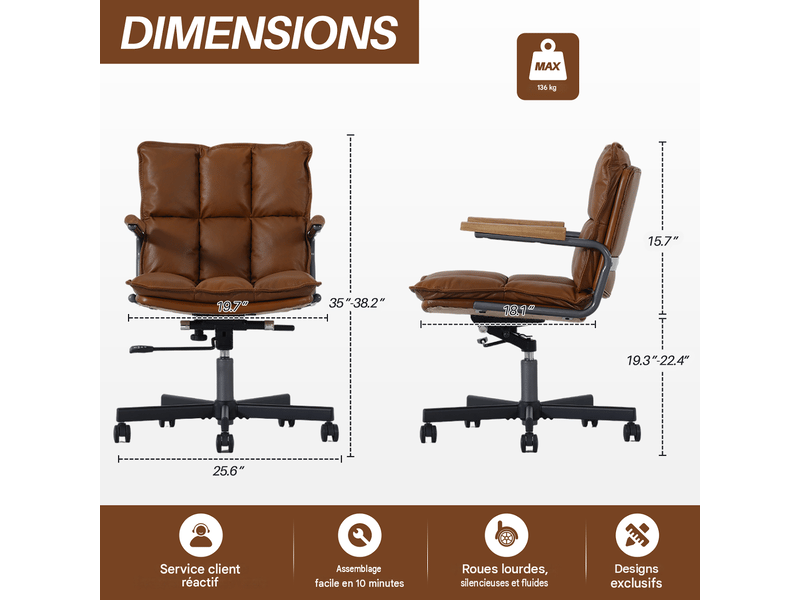  Fauteuil de bureau pivotant à roulettes réglable en hauteur marron 65x46x72 cm W5978P510261 - Conforama C