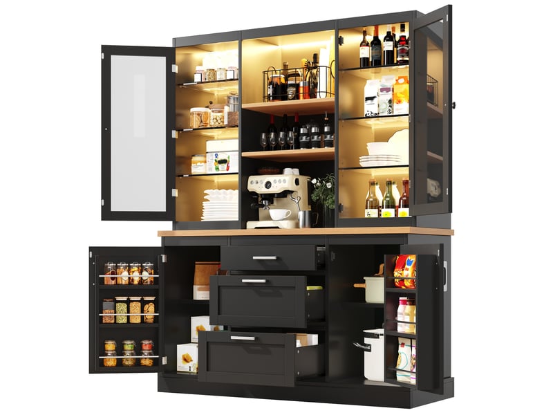 Buffet de cuisine avec 4 portes, 3 tiroirs, étagères réglables et led pour cuisine en mdf noir 140 × 40 × 185 cm - Conforama A