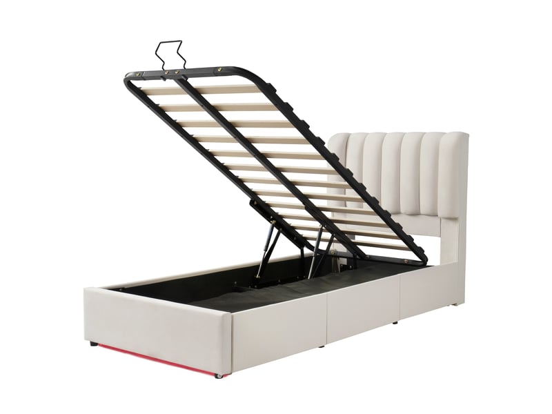  Lit adolescent avec rangement beige, coffre à gaz et 3 tiroirs  - Conforama D
