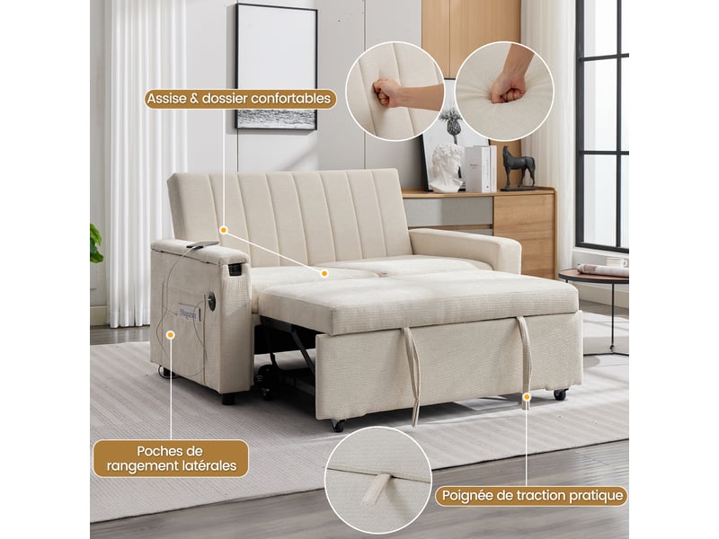 Canapé convertible 2 places 140 x 84,5 x 84 cm, couchage coulissant, dossier réglable, tablette rabattable, usb-c, poches, chenille beige au salon - Conforama E