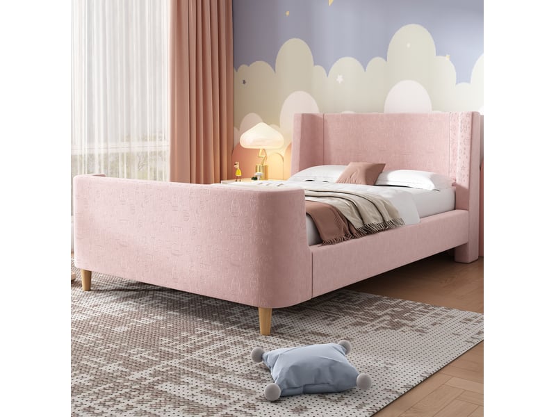  Modenvie lit enfant capitonné 90x200 cm - motif spatial, revêtement velours, sans matelas - rose  - Conforama E