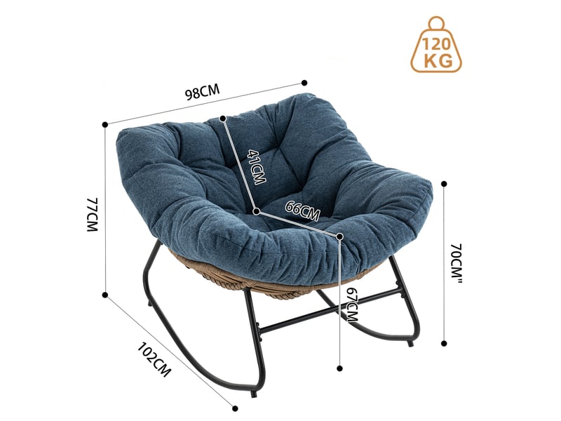 Rocking-chair avec assise enveloppante et structure métal, pour salon ou chambre, en chenille bleue, 98 × 102 × 77 cm - Conforama E