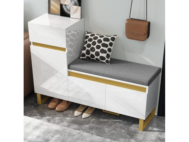 Meuble à chaussures 120x35x85 cm blanc avec banc, tiroir et rangements - Conforama E