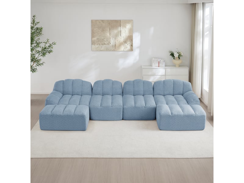 Canapé panoramique coquille 4 places, 2 poufs bleu – 366 x 165 x 79 cm Fay Lum - Conforama B