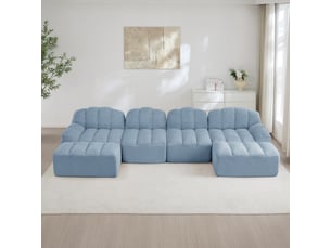 Canapé panoramique coquille 4 places, 2 poufs bleu – 366 x 165 x 79 cm