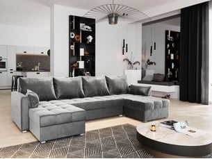 Canapé d'angle panoramique convertible <strong>MASSENO</strong> <strong></strong> 4 places Polyester gris avec coffre de rangement