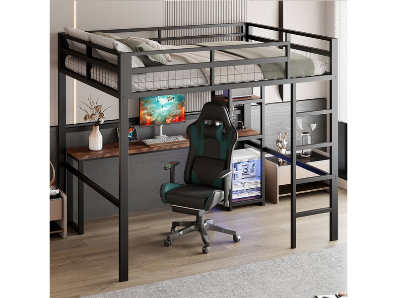 Lit mezzanine enfant 140x200 cm, bureau, étagère, charge, garde-corps, sommier, métal noir, sans matelas - Conforama W