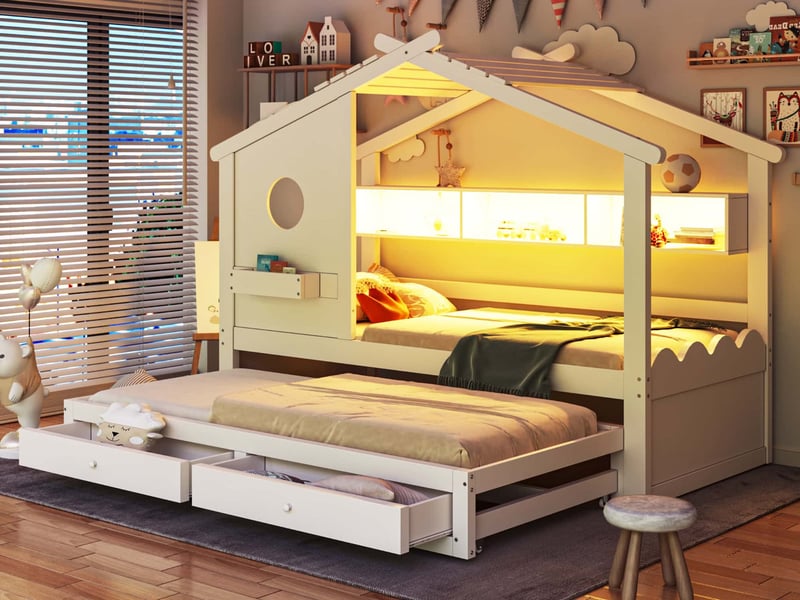  Lit gigogne, 90x200 cm + 90x190 cm, avec deux tiroirs, ports de chargement usb et type-c, éclairage led, structure à ossature bois, blanc  - Conforama B