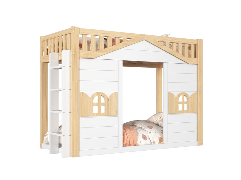 Lit superposé enfant 90x200 cm, forme maison avec sommier, blanc et naturel - Conforama A