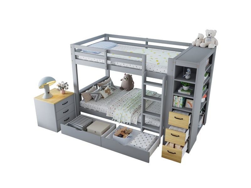 Lit superposé 90x200 cm avec rangements en bois et mdf couleur gris clair et naturel, sans matelas, design moderne - Conforama A