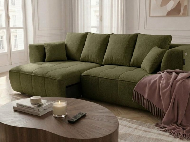  Bobochic canapé droit convertible double avance-recule électrique clovis tissu lisse vert CLOVIS - Conforama C