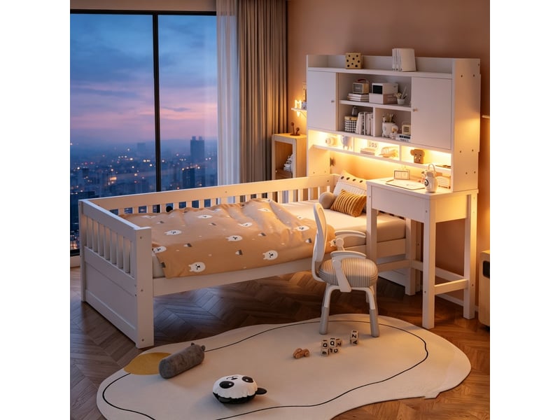  Lit avec rangement, coloris blanc, matière bois massif et mdf, couchage 90x200 cm, dimensions : 205 x 151 x 150 cm  - Conforama E