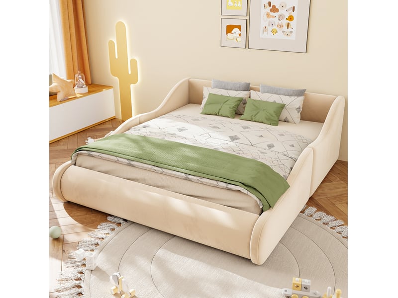  Lit enfant 90 × 200 cm et 140 × 200 cm avec tête de lit haute, barrières de sécurité, sans matelas, beige  - Conforama B