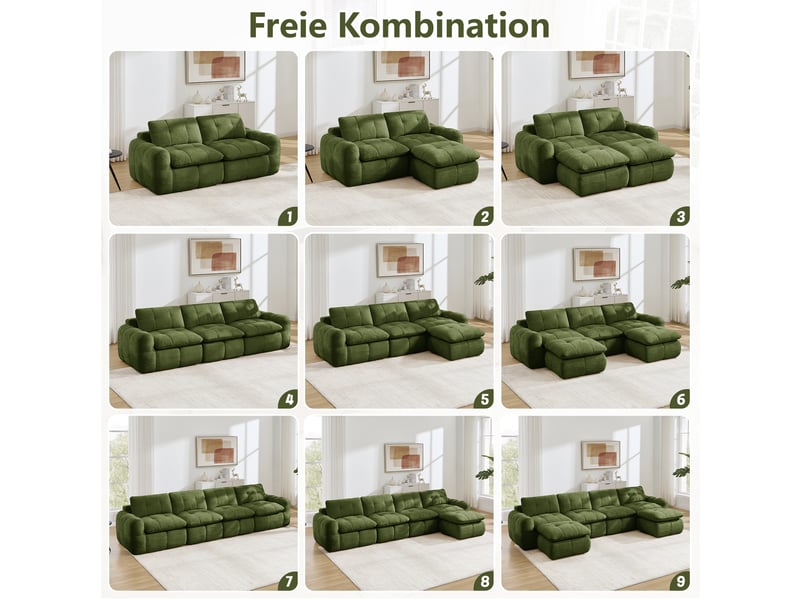 Canapé panoramique modulable 4 places en chenille vert – 334 x 160 x 68 cm Fay Lum - Conforama E