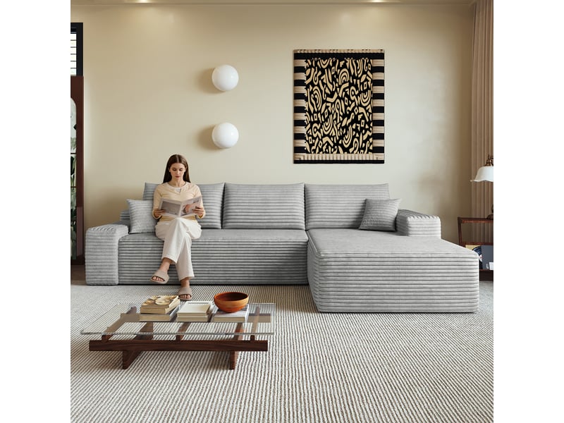 Canapé d’angle modulable 270 cm en velours côtelé, méridienne en l, assise profonde, sans montage, gris IKSETERA TRADING LTD - Conforama E
