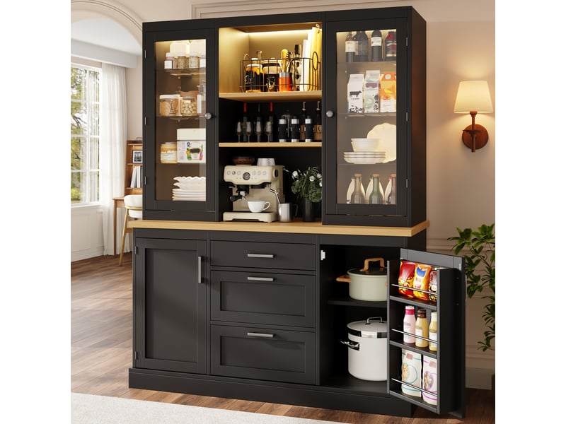  Rayofi buffet de cuisine 140 x 40 x 185 cm - 3 tiroirs, étagères réglables, plan de travail, led rgb contrôlables par application, noir  - Conforama D