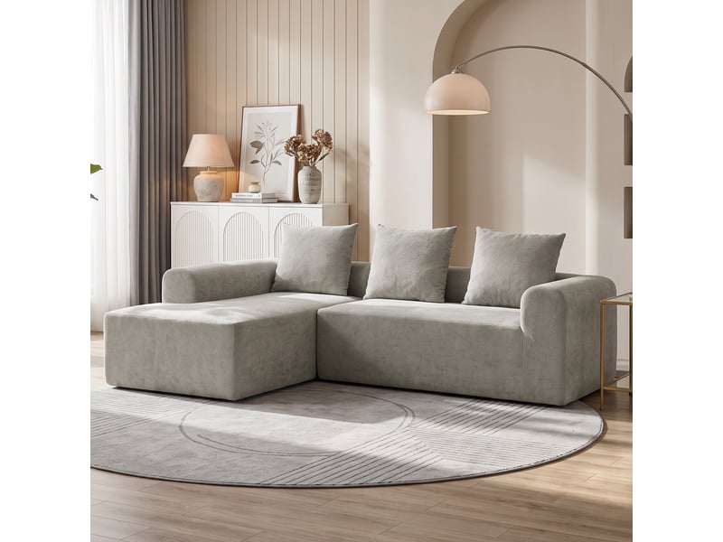 Canapé d'angle en chenille, canapé 3 places en l 242 cm avec méridienne, assise profonde, accoudoirs larges, gris clair - Conforama A