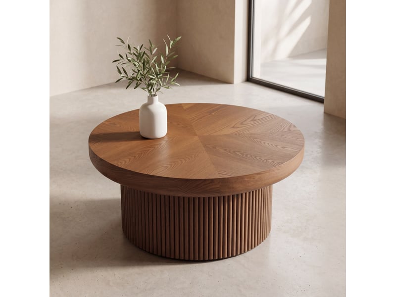  Table basse ronde ulevr à plateau épais 8 cm, ø 78 cm, base cylindrique cannelée, bois et mdf, noyer  - Conforama E