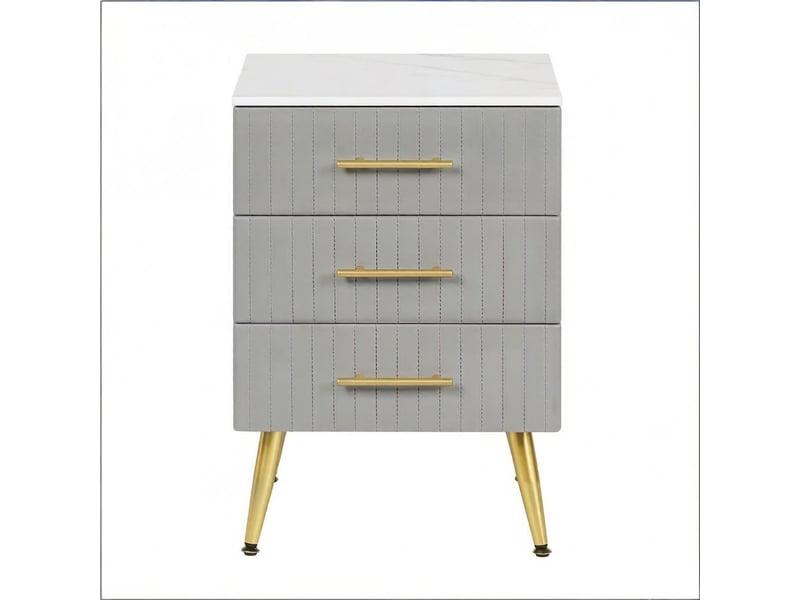  Table de chevet grise à 3 tiroirs – velours, mdf et pieds métal dorés – 41 x 40,5 x 62 cm  - Conforama A