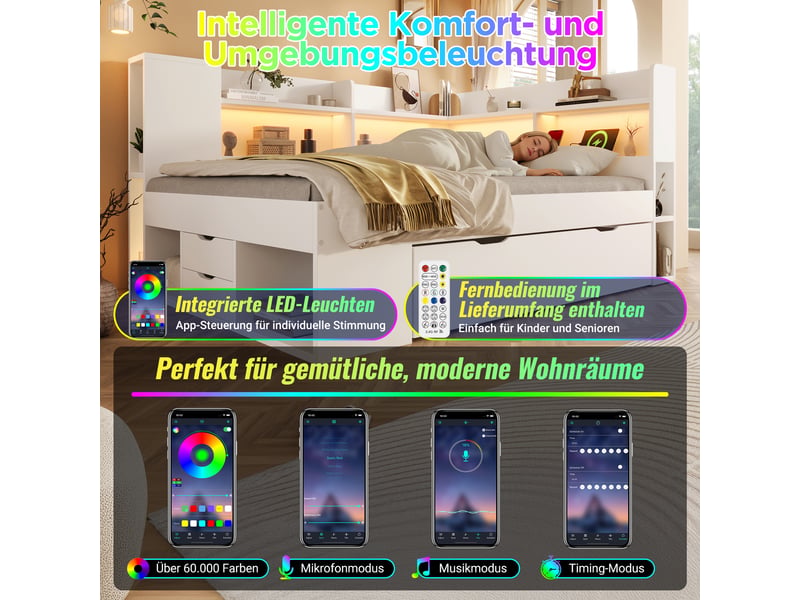  Canape lit 90x200 cm avec éclairage led et station de recharge usb et type-c, blanc, lit simple avec étagères et tiroirs  - Conforama E