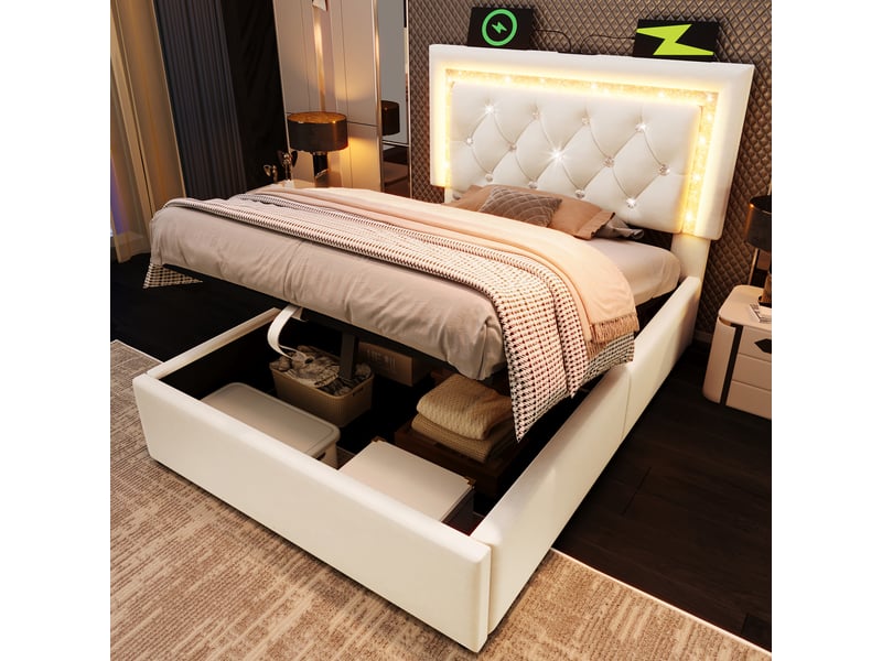  Lit simple capitonné 90x200 cm en velours, led et usb type-c, coffre hydraulique, beige, matelas inclus  - Conforama C