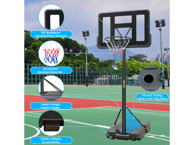  Panier de basket extérieur réglable 198,12–304,8 cm, panneau pvc, filet résistant, roulettes  - Conforama E