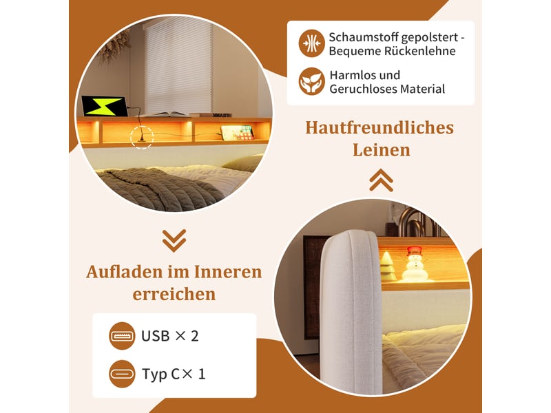  Lit double 140x190 capitonné avec led, tête de lit de rangement et 2 tiroirs, tissu lin beige clair  - Conforama W