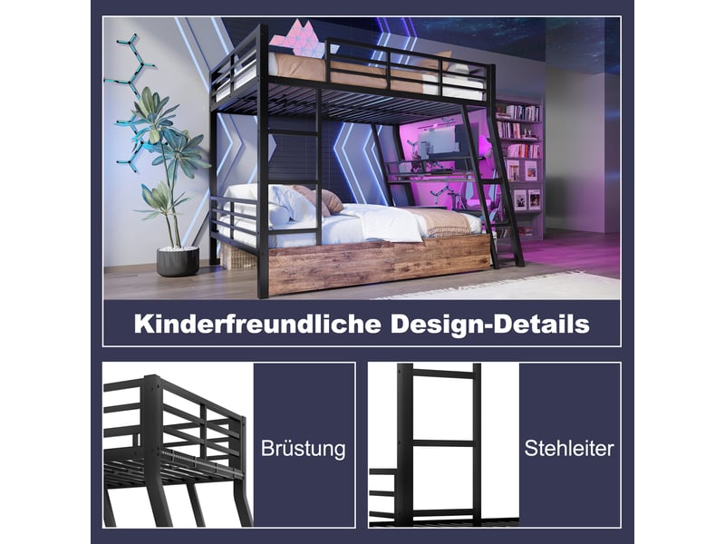  Lit mezzanine double 140×200 cm, bureau, 2 tiroirs, led réglable  - sans matelas, métal et mdf - noir  - Conforama E