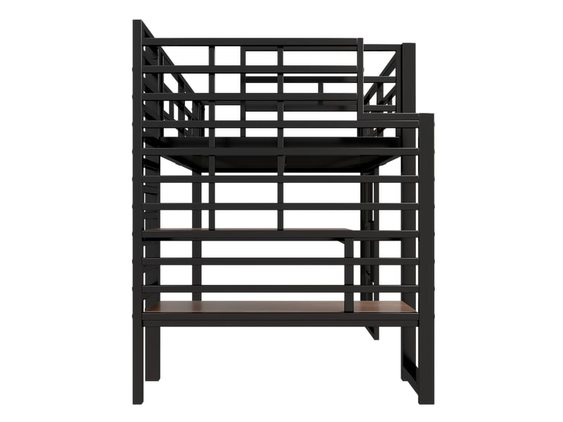  Lit mi-hauteur 90 × 200 cm, escalier à étagères ouvertes, panneaux à fenêtres, éclairage led, métal et mdf, noir  - Conforama E