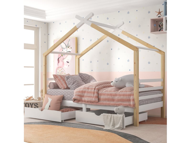  Lit cabane enfant 90x200 cm avec tiroirs, sommier, pin et mdf, blanc et bois  - Conforama B