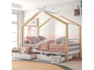 Lit cabane enfant 90x200 cm avec tiroirs, sommier, pin et mdf, blanc et bois