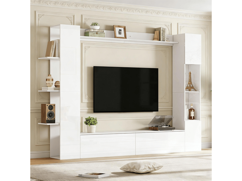  Ensemble meuble salon avec vitrine meuble tv mural blanc brillant 245 cm - rangement ouvert et fermé  - Conforama B