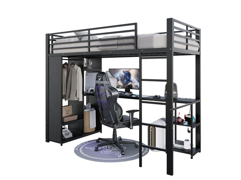  Lit mezzanine enfant 90 x 200 cm avec bureau, led et rangement, noir, métal  - Conforama A