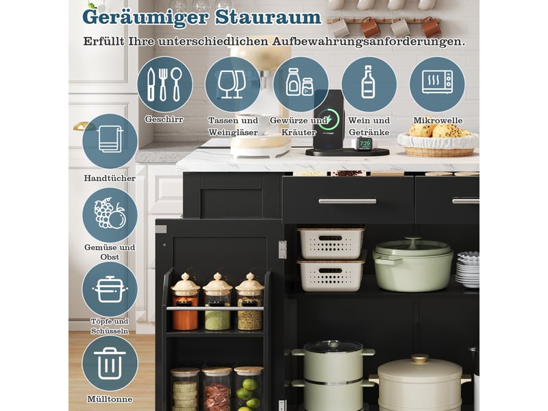  Desserte de cuisine à plateau rabattable avec prise, poubelle coulissante et roulettes, en mdf noir, 138×86×92 cm  - Conforama E
