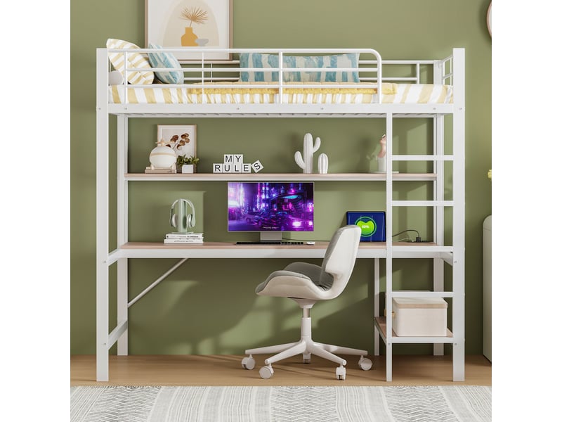 Lit mezzanine enfant 200×90 cm avec bureau, étagères, led et port usb, sans matelas, en métal et mdf blanc - Conforama C
