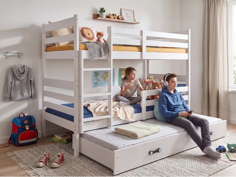 Lit superposé 3 places eric 90x200 cm + lit tiroir 80x190 cm interbeds - bois massif de pin - blanc - Conforama D