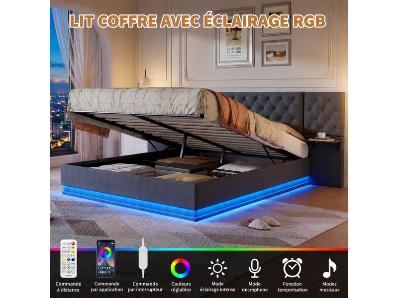  Lit flottant 160 x 200 cm avec coffre, led, usb et étagères, capitonné gris  - Conforama E