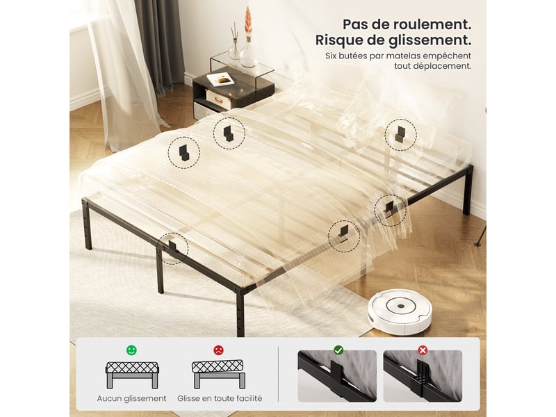  Lit 160x200 cm, lit double avec cadre de lit métallique, structure robuste et antidérapante, design minimaliste, silencieux, résistant à la rouille et durable, charge maximale 500 kg, noir  - Conforama C