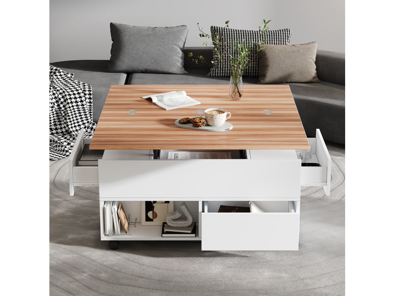  Table basse 100x50x52 cm relevable extensible à roulettes en panneaux de particules blanc et chêne  - Conforama D